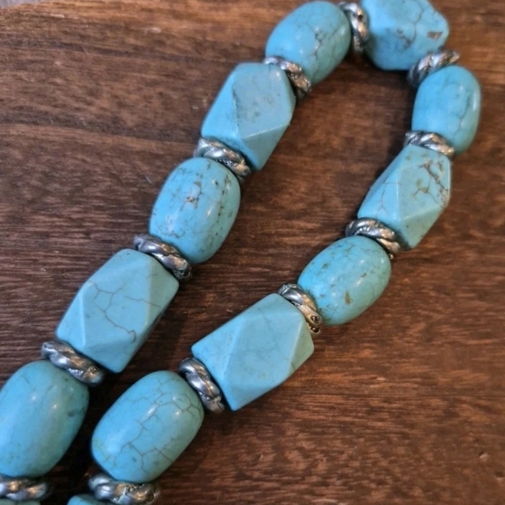 Vtg Chunky Turquoise Nugget Necklace Non-magnetic Silver Tone Spacers - Picture 4 of 10